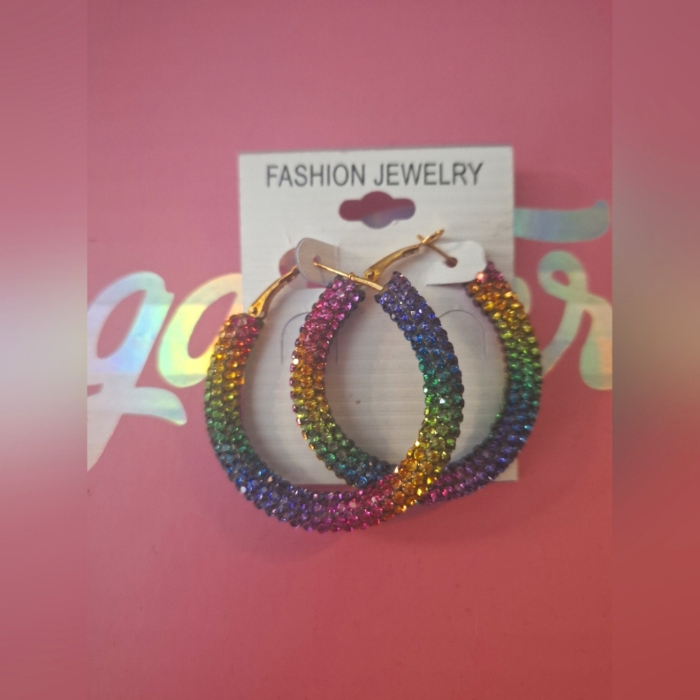 Rainbow Rhinestone Pave Hoop Earrings